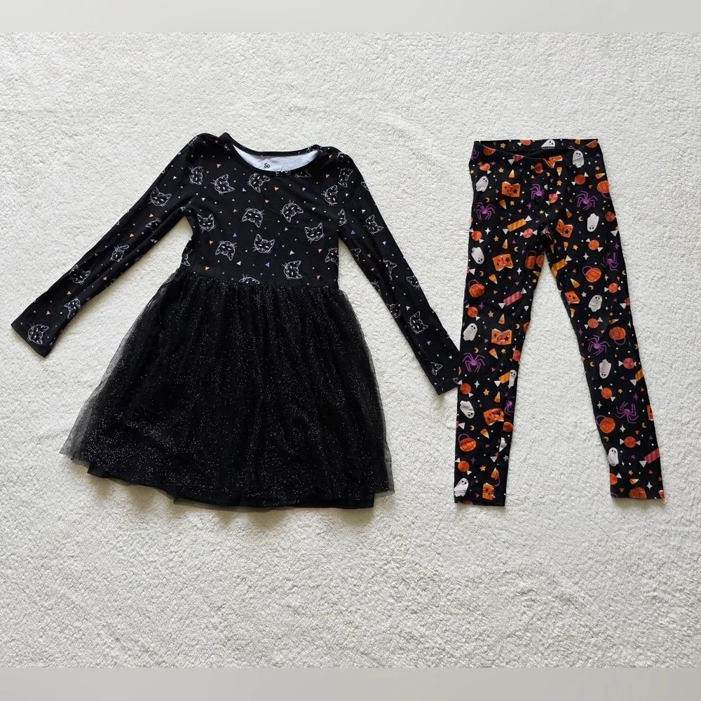 Girl's Halloween tutu dress & leggings bundle, size M (8), black cat, ghost, boo